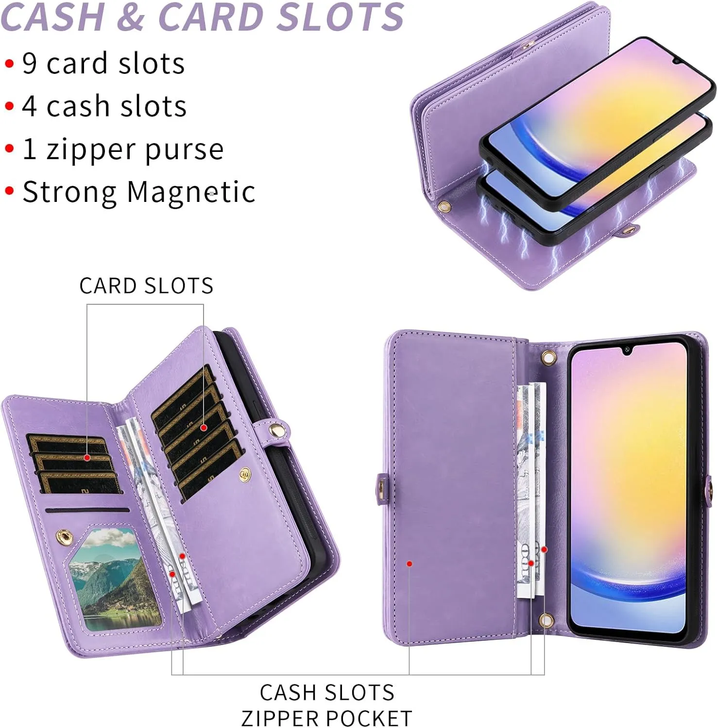 Asuwish Phone Case for Samsung Galaxy A25 5G/A24 4G/M34 /F34 Zipper Wallet Cell Cover with Tempered Glass Screen Protector Crossbody Strap Bling Glitter Flip Card Holder A 25 25A 24A LTE Women Purple