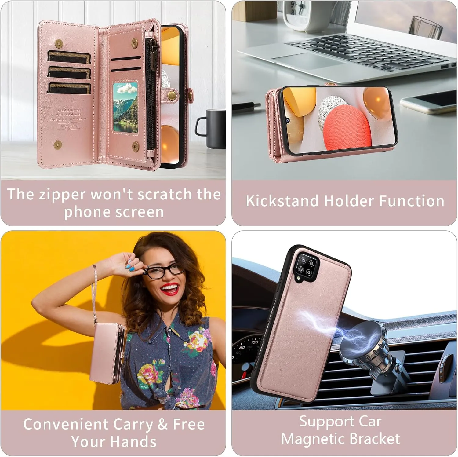 Asuwish Phone Case for Samsung Galaxy A42 5G Zipper Wallet Detachable Cover with Tempered Glass Screen Protector Crossbody Lanyard Strap Flip Card Holder Slot M42 A 42 G5 42A S42 4G 2021 Rose Gold