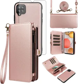Asuwish Phone Case for Samsung Galaxy A42 5G Zipper Wallet Detachable Cover with Tempered Glass Screen Protector Crossbody Lanyard Strap Flip Card Holder Slot M42 A 42 G5 42A S42 4G 2021 Rose Gold