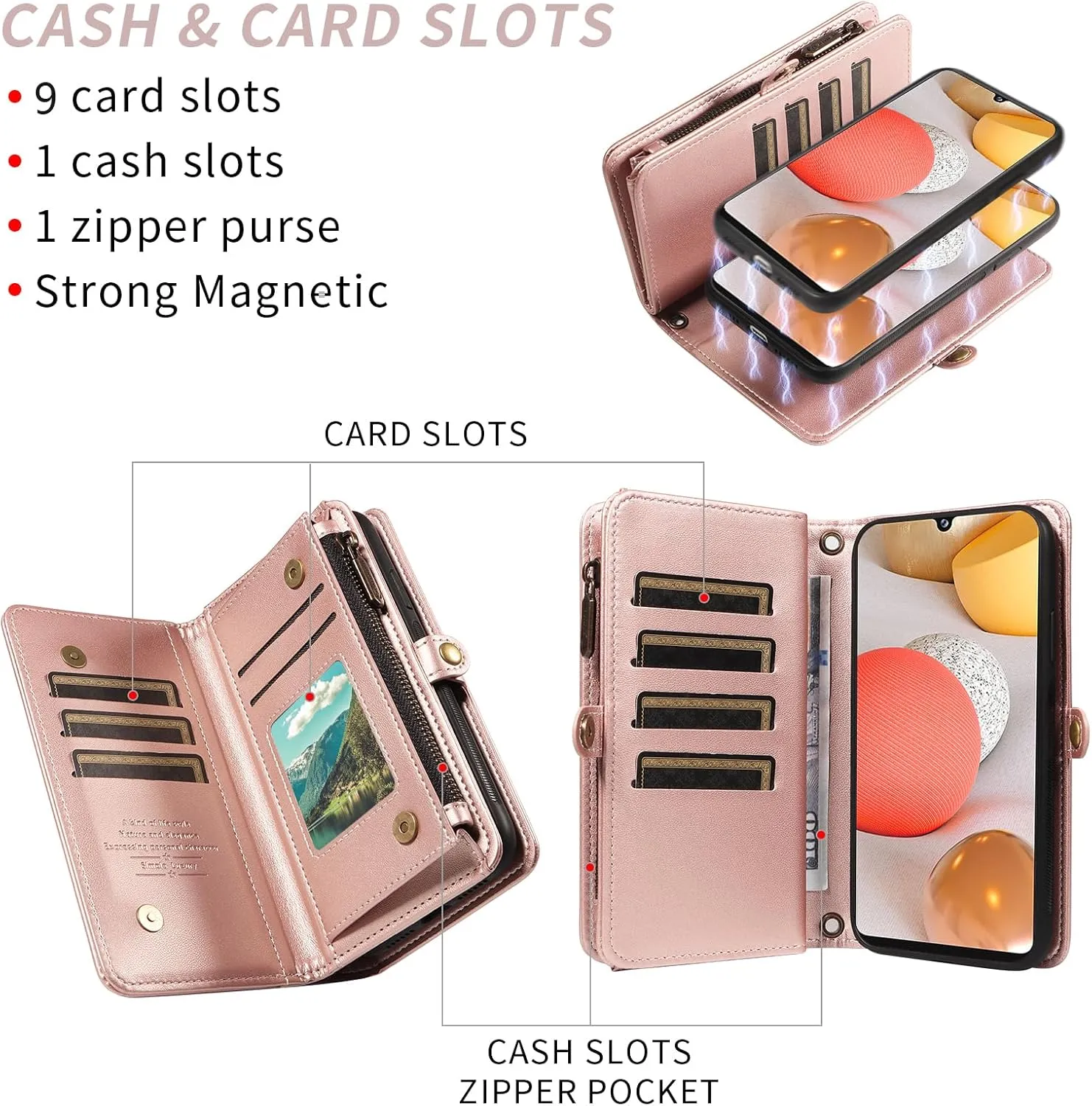 Asuwish Phone Case for Samsung Galaxy A42 5G Zipper Wallet Detachable Cover with Tempered Glass Screen Protector Crossbody Lanyard Strap Flip Card Holder Slot M42 A 42 G5 42A S42 4G 2021 Rose Gold
