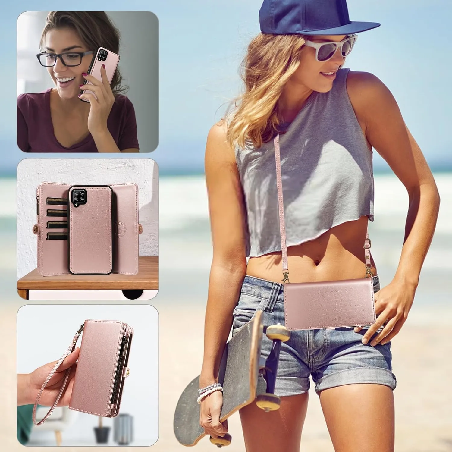 Asuwish Phone Case for Samsung Galaxy A42 5G Zipper Wallet Detachable Cover with Tempered Glass Screen Protector Crossbody Lanyard Strap Flip Card Holder Slot M42 A 42 G5 42A S42 4G 2021 Rose Gold