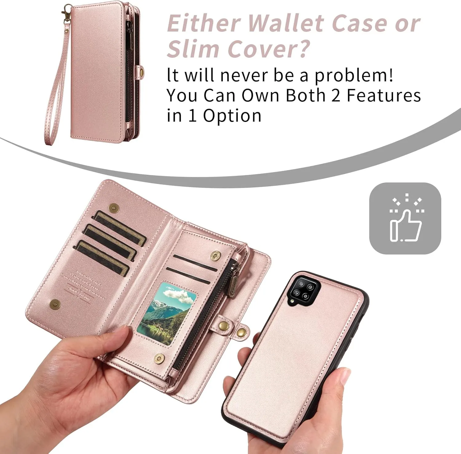 Asuwish Phone Case for Samsung Galaxy A42 5G Zipper Wallet Detachable Cover with Tempered Glass Screen Protector Crossbody Lanyard Strap Flip Card Holder Slot M42 A 42 G5 42A S42 4G 2021 Rose Gold