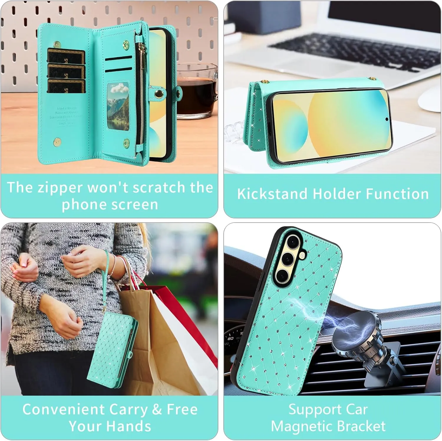 Asuwish Phone Case for Samsung Galaxy S24 FE 5G Zipper Wallet Detachable Cell Cover with Tempered Glass Screen Protector Crossbody Strap Glitter Flip Card Holder Slot S 24 EF S24FE 24S Women Men Teal