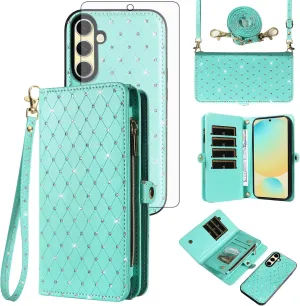 Asuwish Phone Case for Samsung Galaxy S24 FE 5G Zipper Wallet Detachable Cell Cover with Tempered Glass Screen Protector Crossbody Strap Glitter Flip Card Holder Slot S 24 EF S24FE 24S Women Men Teal
