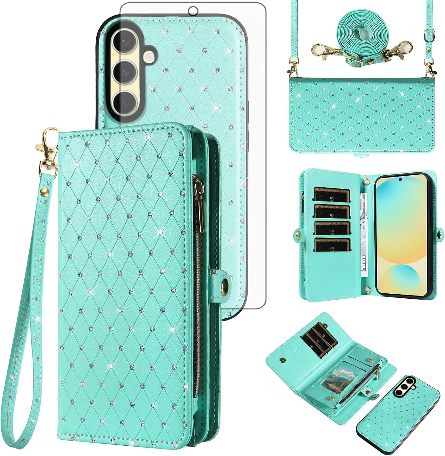 Asuwish Phone Case for Samsung Galaxy S24 FE 5G Zipper Wallet Detachable Cell Cover with Tempered Glass Screen Protector Crossbody Strap Glitter Flip Card Holder Slot S 24 EF S24FE 24S Women Men Teal