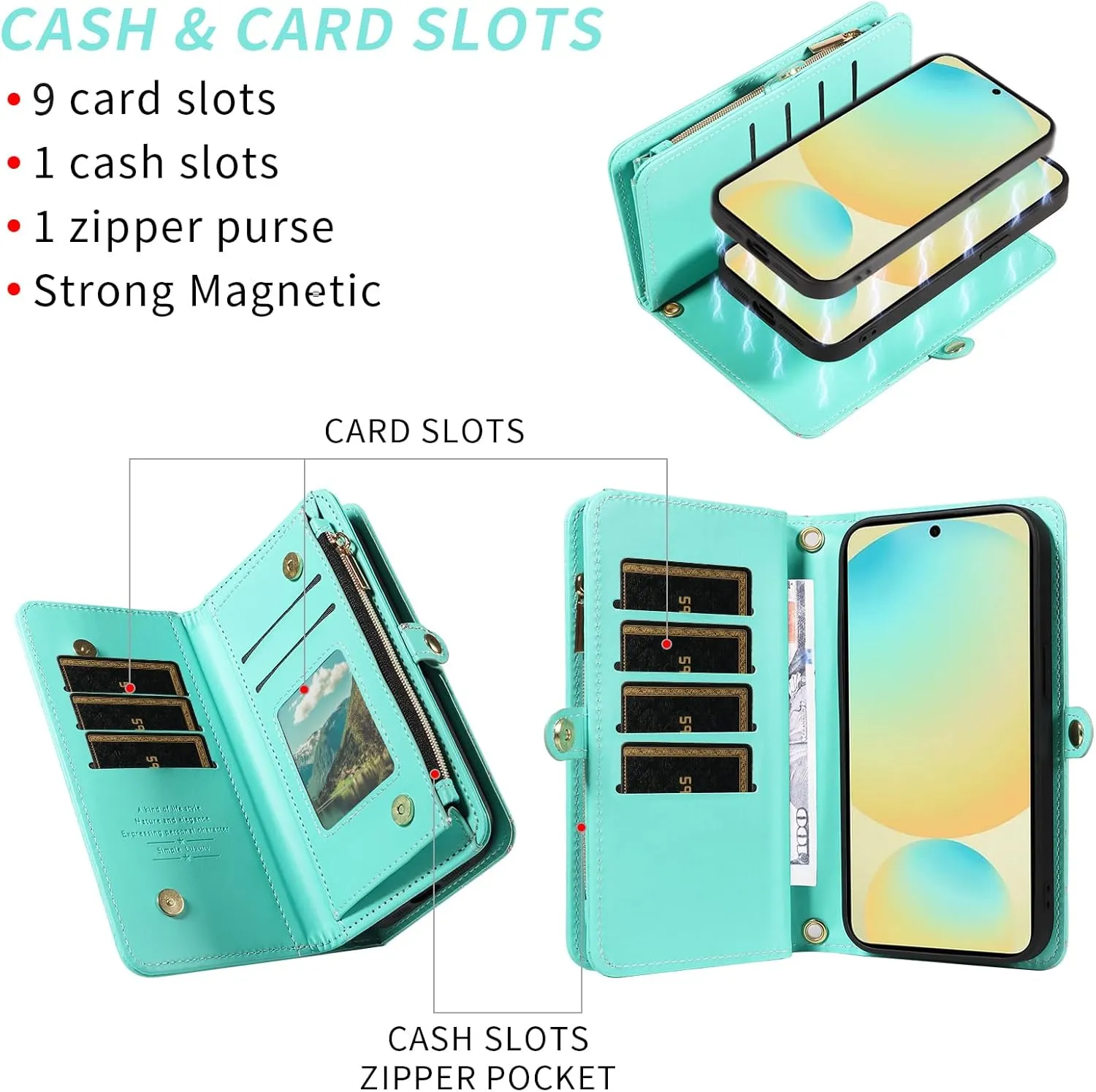 Asuwish Phone Case for Samsung Galaxy S24 FE 5G Zipper Wallet Detachable Cell Cover with Tempered Glass Screen Protector Crossbody Strap Glitter Flip Card Holder Slot S 24 EF S24FE 24S Women Men Teal