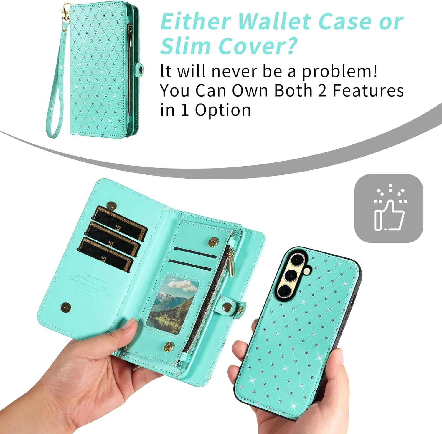 Asuwish Phone Case for Samsung Galaxy S24 FE 5G Zipper Wallet Detachable Cell Cover with Tempered Glass Screen Protector Crossbody Strap Glitter Flip Card Holder Slot S 24 EF S24FE 24S Women Men Teal