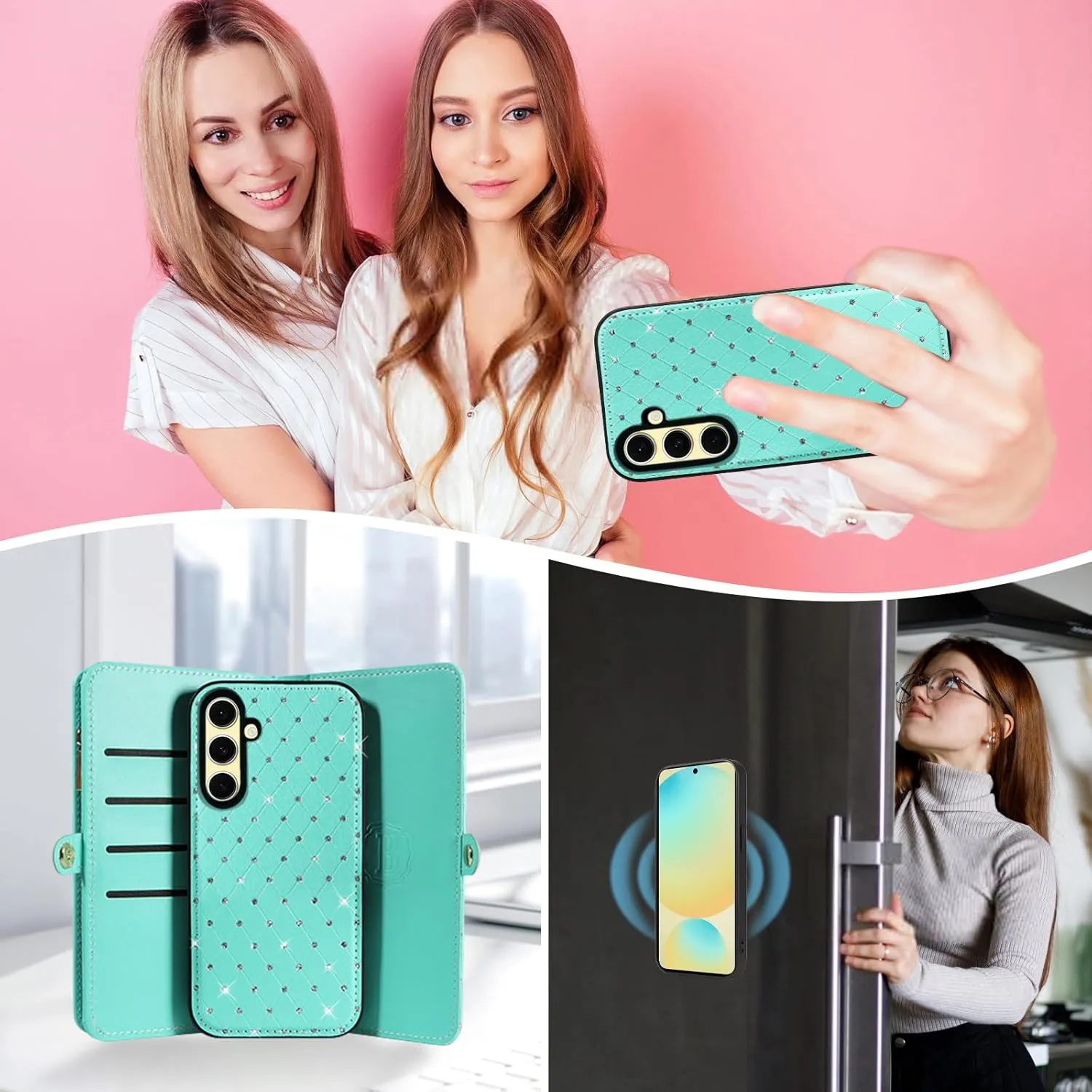 Asuwish Phone Case for Samsung Galaxy S24 FE 5G Zipper Wallet Detachable Cell Cover with Tempered Glass Screen Protector Crossbody Strap Glitter Flip Card Holder Slot S 24 EF S24FE 24S Women Men Teal