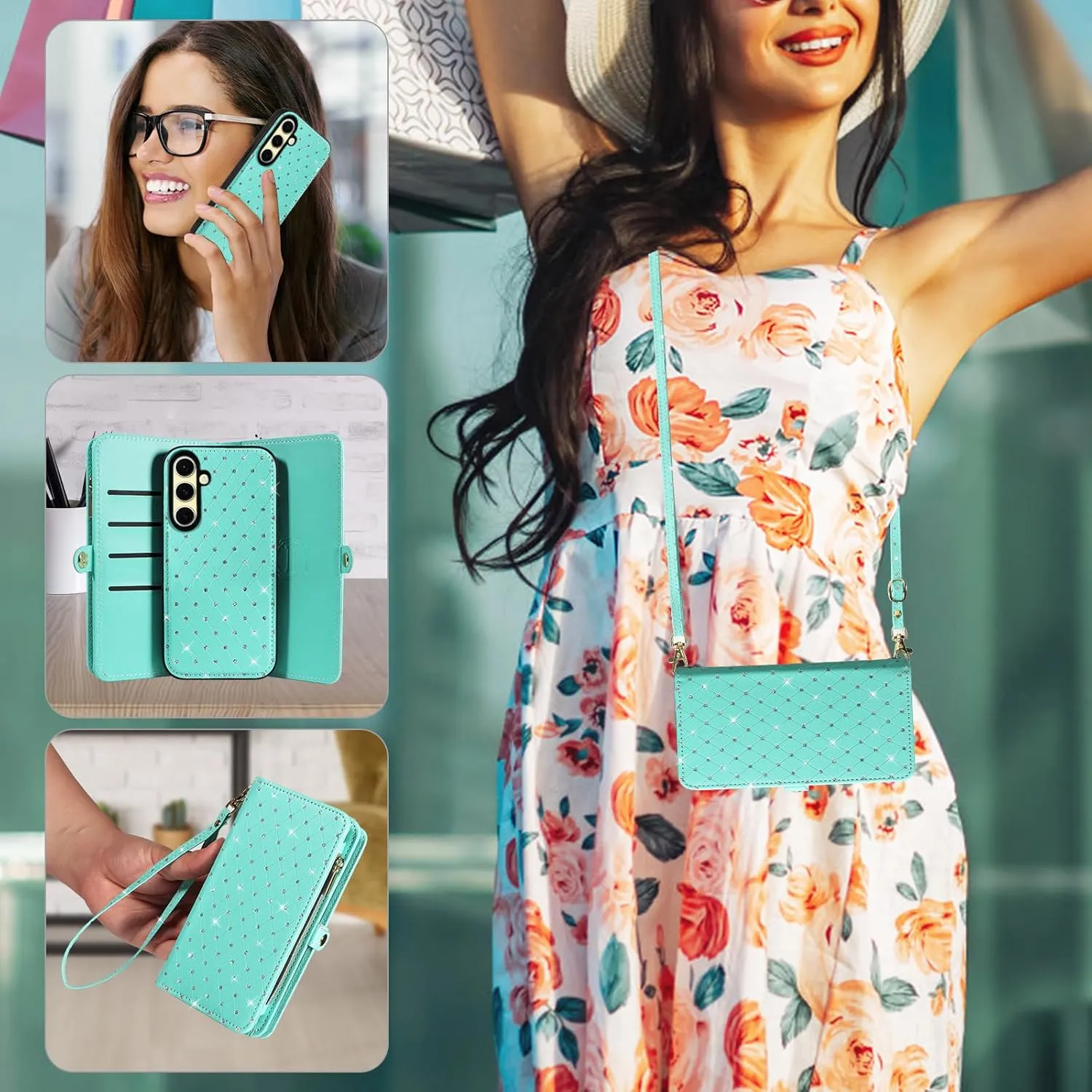 Asuwish Phone Case for Samsung Galaxy S24 FE 5G Zipper Wallet Detachable Cell Cover with Tempered Glass Screen Protector Crossbody Strap Glitter Flip Card Holder Slot S 24 EF S24FE 24S Women Men Teal