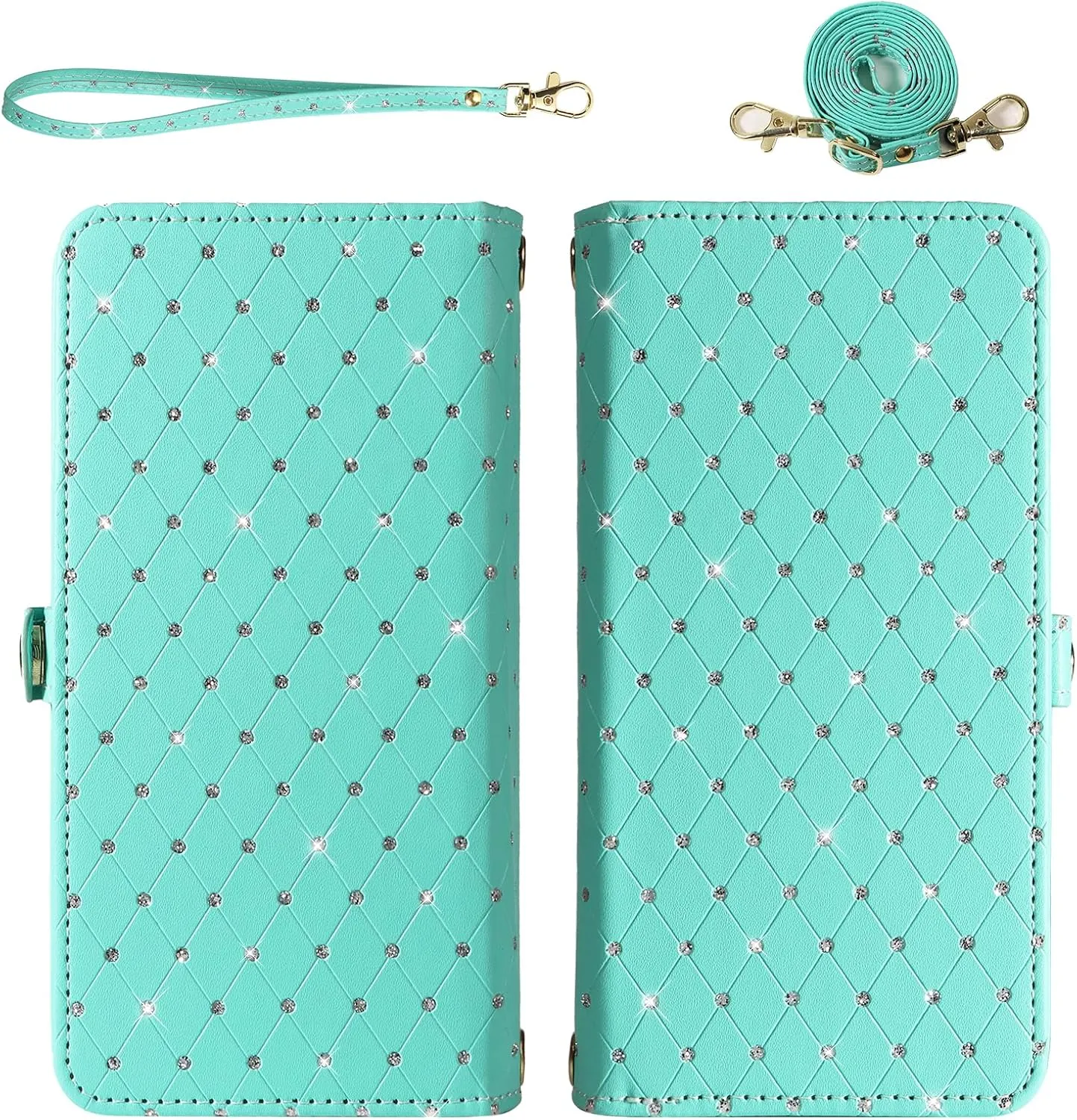 Asuwish Phone Case for Samsung Galaxy S24 FE 5G Zipper Wallet Detachable Cell Cover with Tempered Glass Screen Protector Crossbody Strap Glitter Flip Card Holder Slot S 24 EF S24FE 24S Women Men Teal