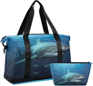 Atlantic Giant Shark Gym Bag - Weekender Overnight Bags for Women Men, Sport Travel Duffel Bag with Wet Pocket & Shoe Compartment