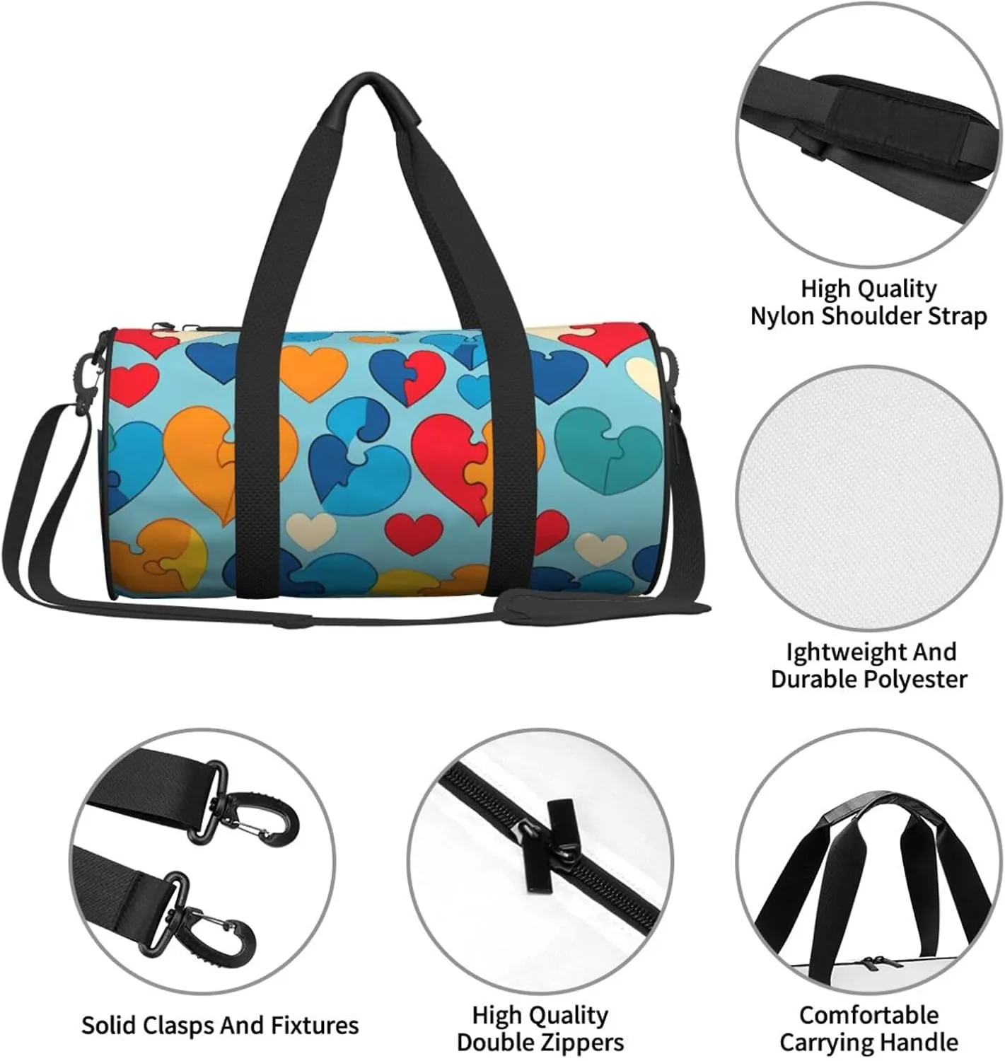 Autism Awareness Puzzle Pieces Heart Printed Travel Bag,Round Personal Item Storage bag,Foldie Duffel Bag for Traveling Vacation,Fitness,Sports