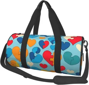 Autism Awareness Puzzle Pieces Heart Printed Travel Bag,Round Personal Item Storage bag,Foldie Duffel Bag for Traveling Vacation,Fitness,Sports
