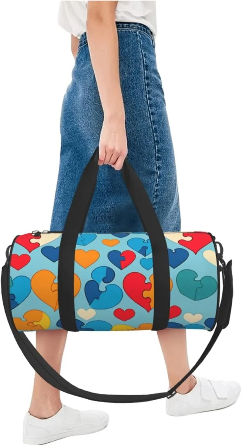 Autism Awareness Puzzle Pieces Heart Printed Travel Bag,Round Personal Item Storage bag,Foldie Duffel Bag for Traveling Vacation,Fitness,Sports