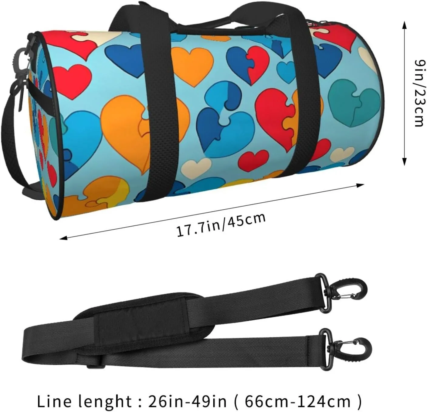 Autism Awareness Puzzle Pieces Heart Printed Travel Bag,Round Personal Item Storage bag,Foldie Duffel Bag for Traveling Vacation,Fitness,Sports