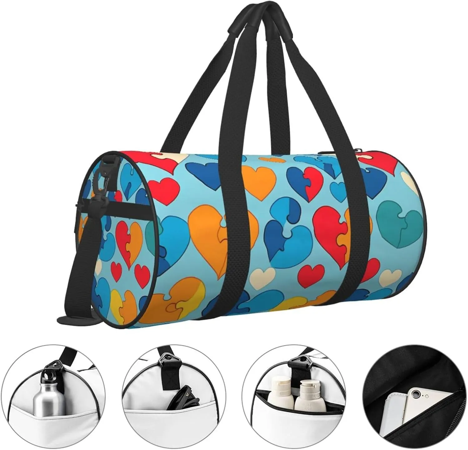 Autism Awareness Puzzle Pieces Heart Printed Travel Bag,Round Personal Item Storage bag,Foldie Duffel Bag for Traveling Vacation,Fitness,Sports