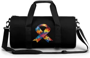 Autism Awareness Ribbon Gym Bag Cylindrical Sports Bag Travel Duffel Bag with Shoulder Strap