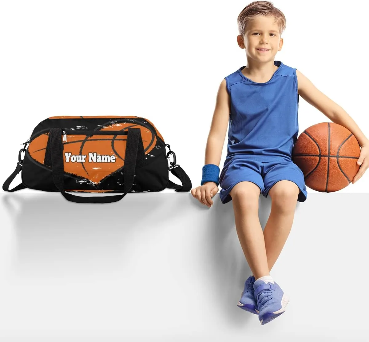 AUUXVA Custom Your Name Heart Shape Basketball Sports Personalized Text Gym Duffle Bag for Kids,Sports Bag for Teens Boys & Girls Small Waterproof Overnight Weekender Carry School Practice Travel Bag