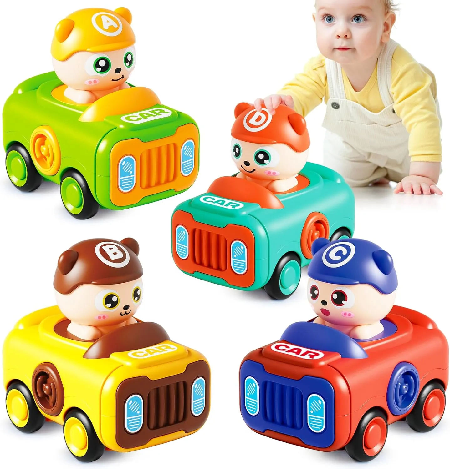 Baby Car Toys for Toddler 1-3, 4PCS Press to Go Push Car, Infant Play Whistle Vehicle Toy Set for 12-18 Months, 1st Birthday Christmas Easter Gifts for 1-2 Years Old Boys