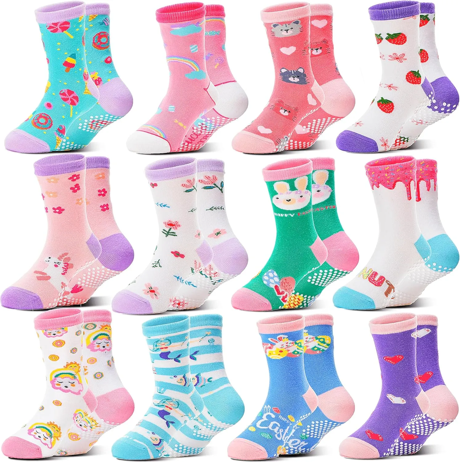 Baby Girls Toddlers Grips Socks 12 Pairs Kids Anti Slip Non Skid Animal Funny Cartoon Crew Breathable Cotton Socks