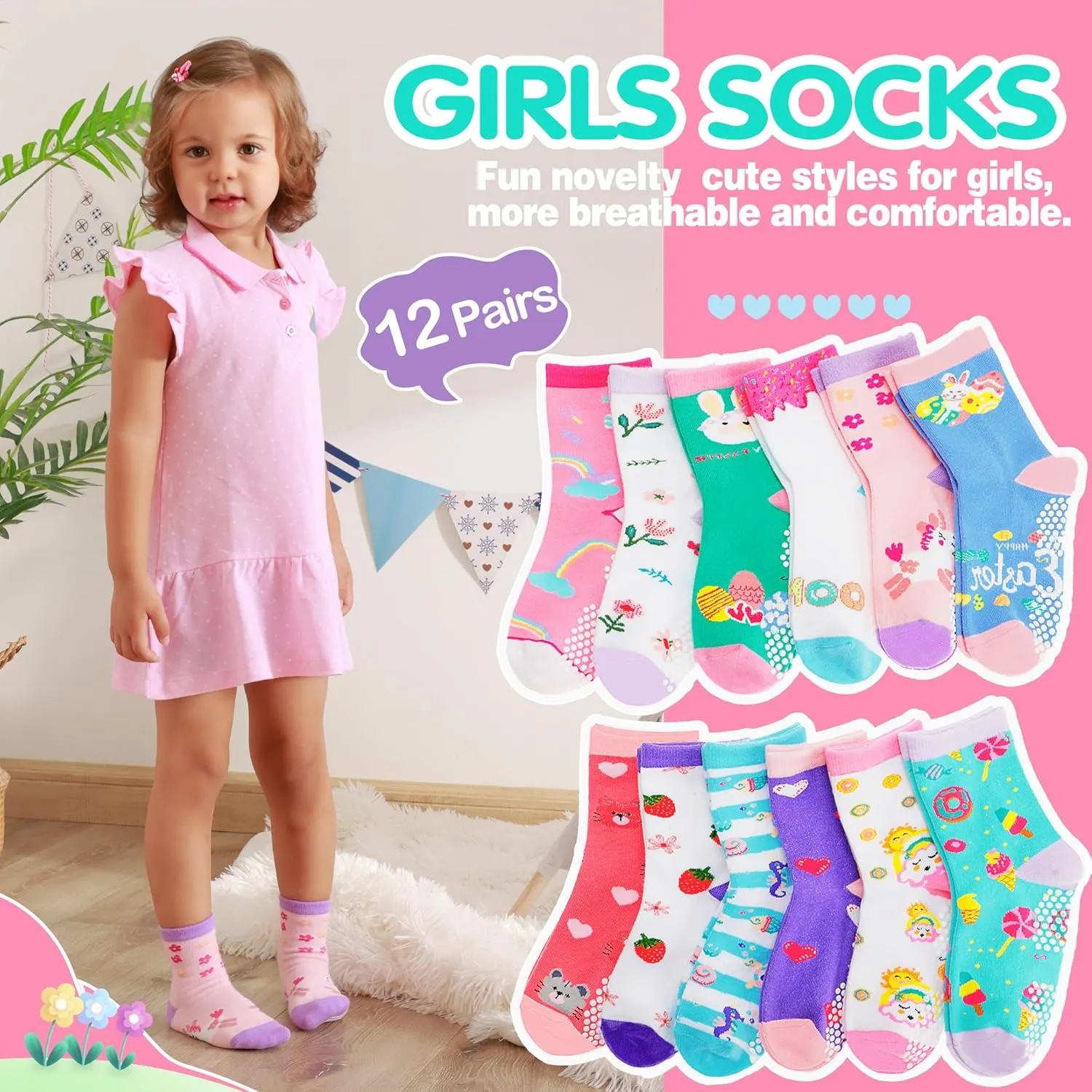 Baby Girls Toddlers Grips Socks 12 Pairs Kids Anti Slip Non Skid Animal Funny Cartoon Crew Breathable Cotton Socks