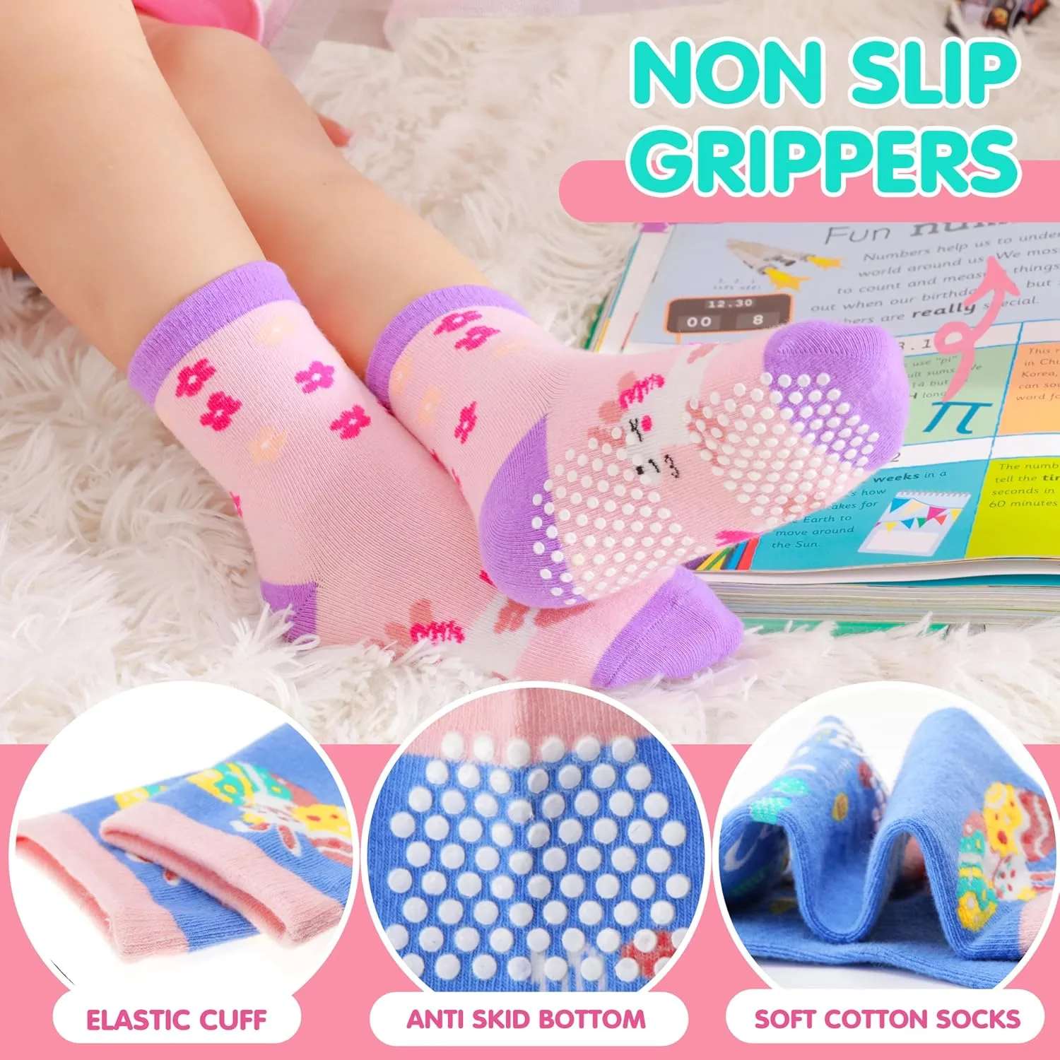 Baby Girls Toddlers Grips Socks 12 Pairs Kids Anti Slip Non Skid Animal Funny Cartoon Crew Breathable Cotton Socks