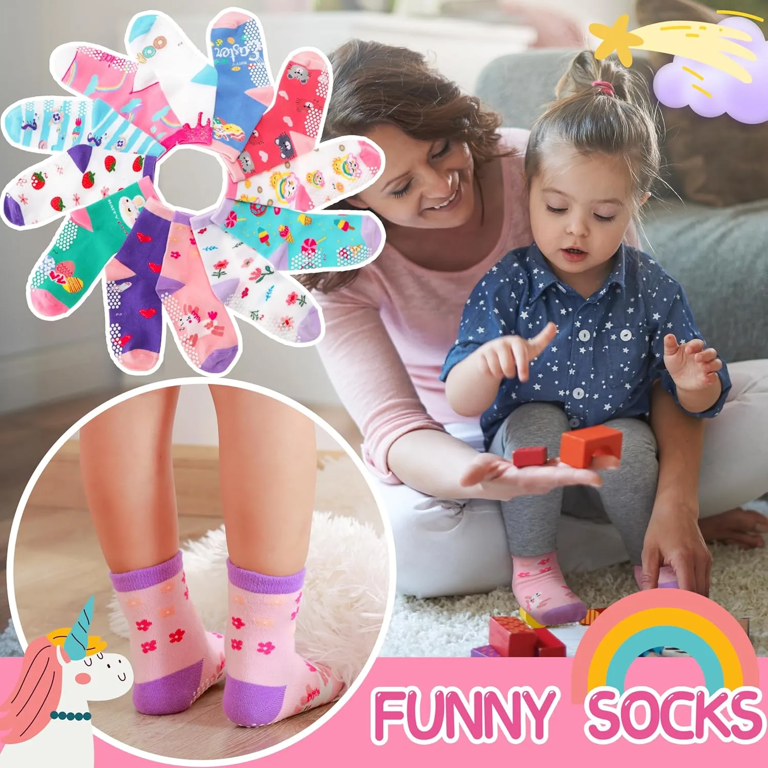 Baby Girls Toddlers Grips Socks 12 Pairs Kids Anti Slip Non Skid Animal Funny Cartoon Crew Breathable Cotton Socks