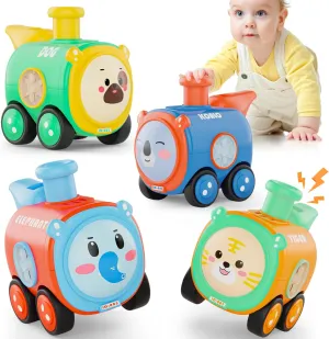Baby Train Car Toys for Toddler 1-3, 4PCS Press to Go Push Car, Infant Play Whistle Vehicle Toy Set for 12-18 Months, 1st Birthday Christmas Easter Gifts for 1-2 Years Old Boys
