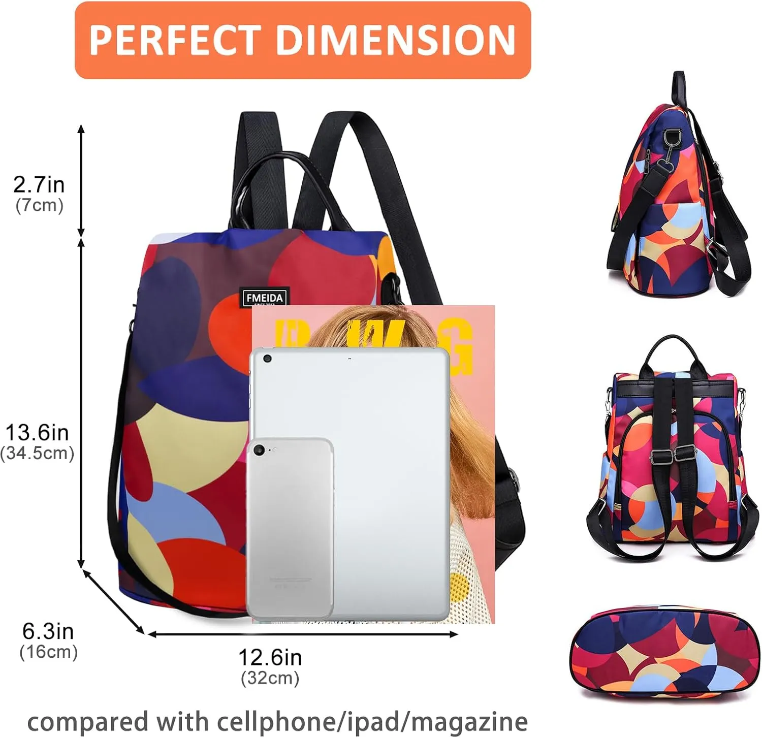 Backpack for Women Anti Theft Back Pack Purse Waterproof Nylon Backpack for College Bookbag Fashion Travel Shoulder Bag Colorful Polka Dots
