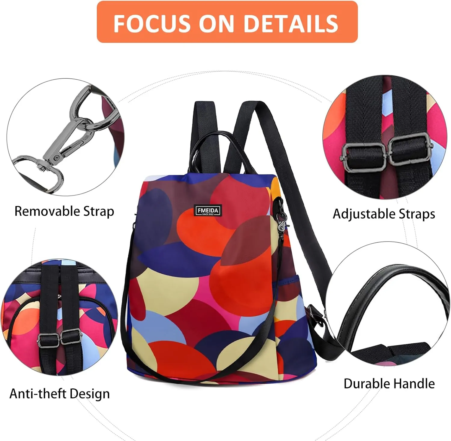 Backpack for Women Anti Theft Back Pack Purse Waterproof Nylon Backpack for College Bookbag Fashion Travel Shoulder Bag Colorful Polka Dots