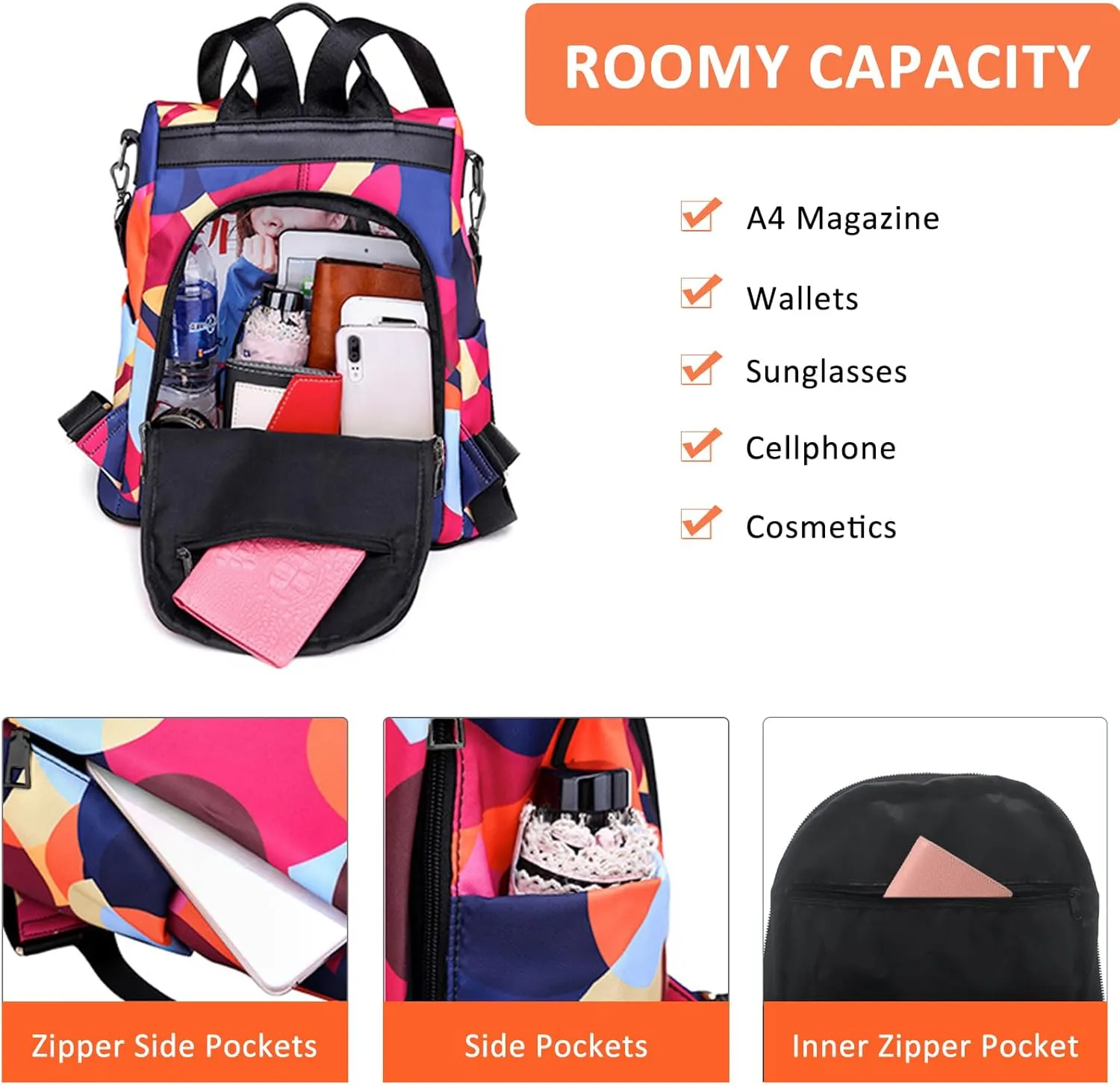 Backpack for Women Anti Theft Back Pack Purse Waterproof Nylon Backpack for College Bookbag Fashion Travel Shoulder Bag Colorful Polka Dots
