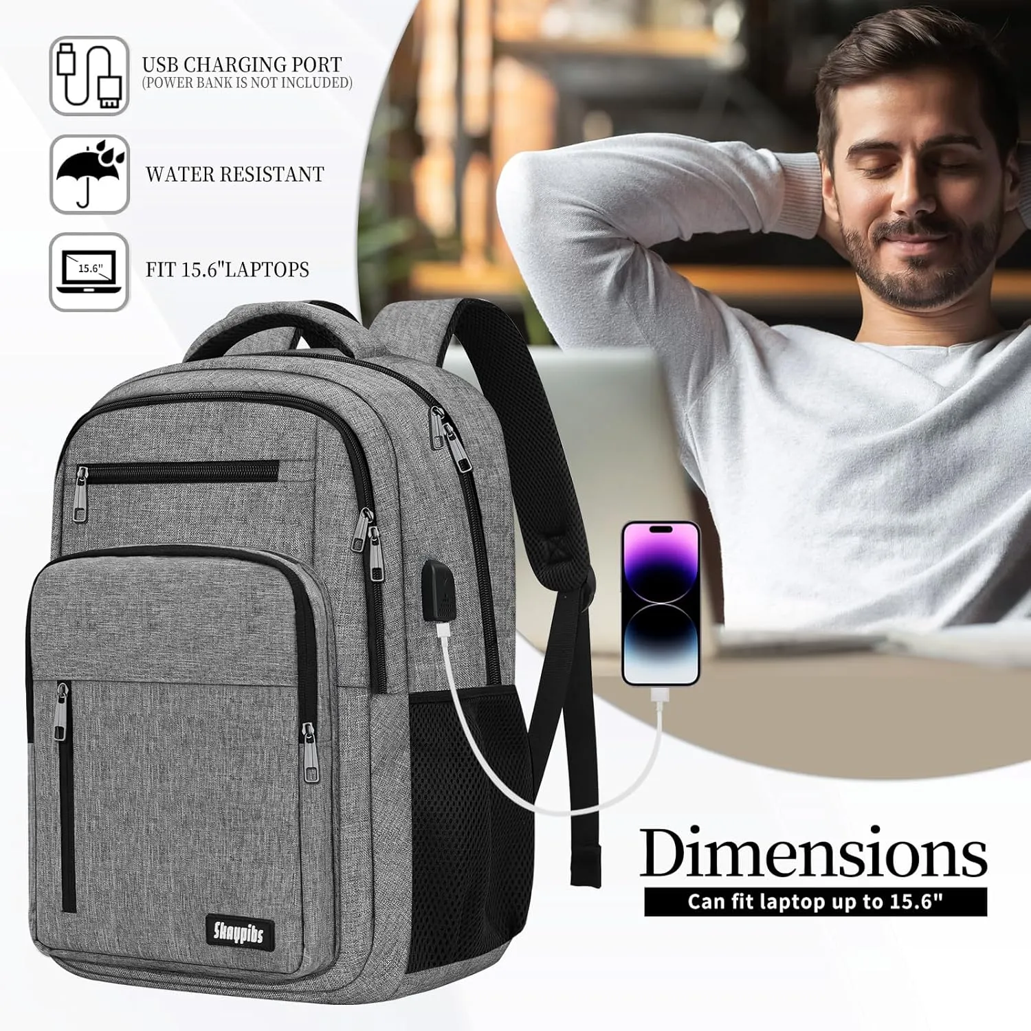 Backpack for Women Men, School Backpack for Boys Girls Teens, Work Computer BookBag, 15.6 inch Laptop Water Resistant Anti Theft Backpack Gifts for men women, Grey