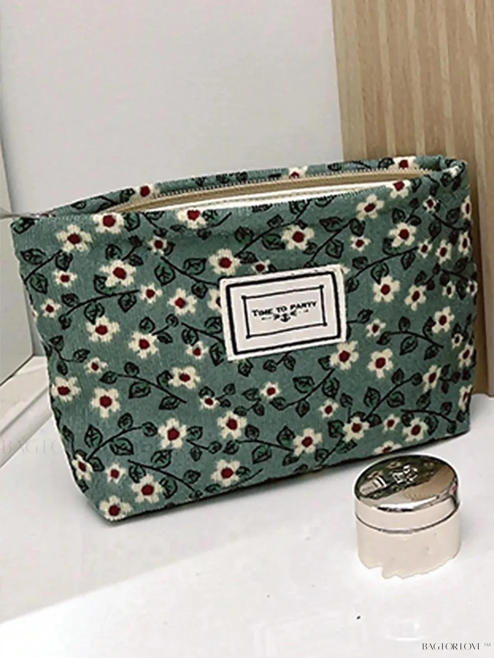 BagForLove - Retro Inspired Makeup Pouch in Army Green with Floral Accents