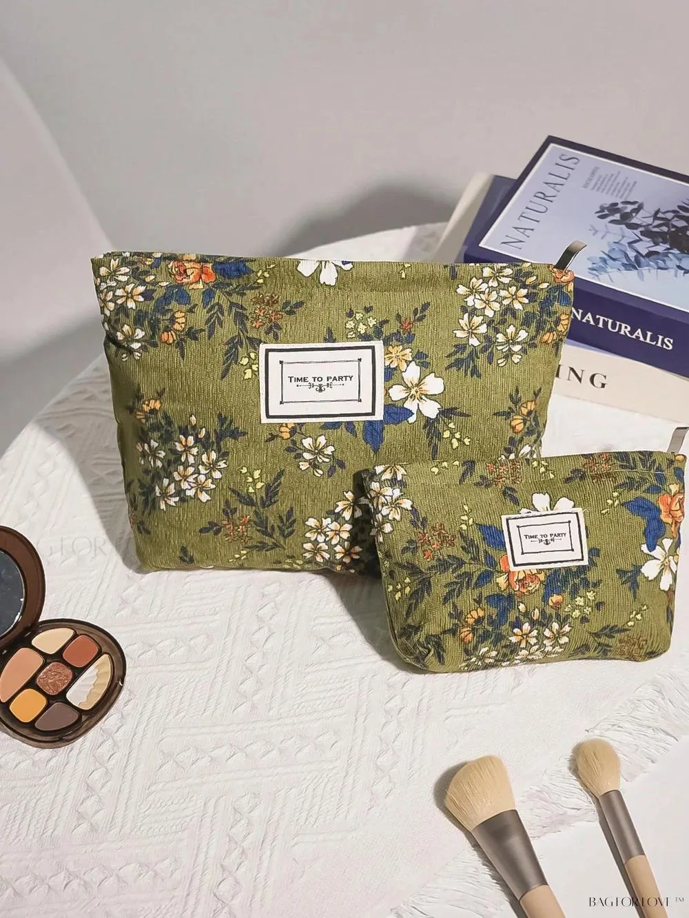 BagForLove - Retro Inspired Makeup Pouch in Army Green with Floral Accents