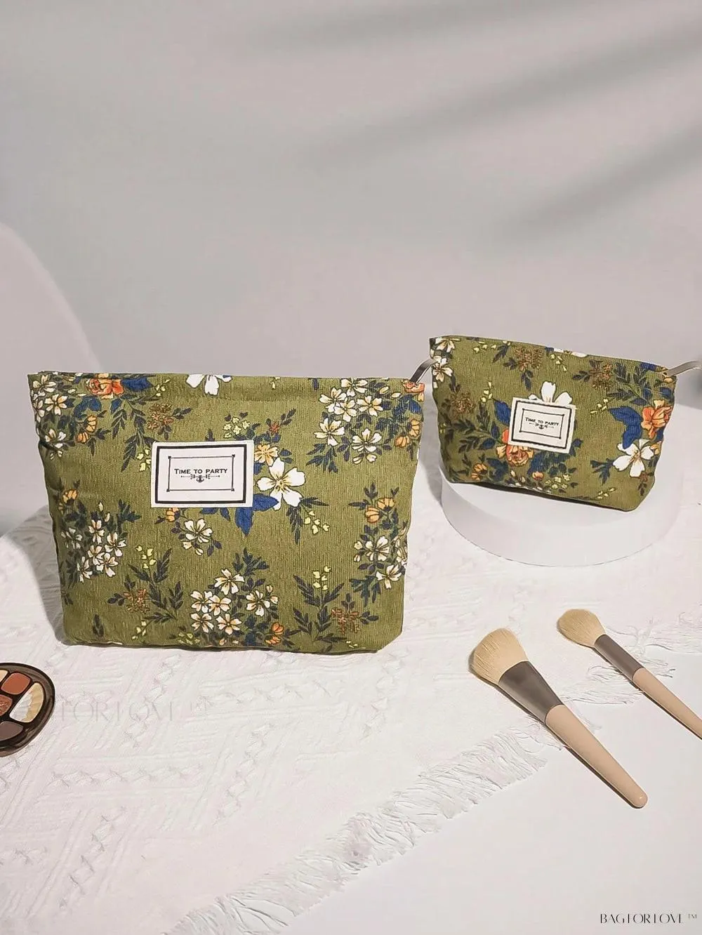 BagForLove - Retro Inspired Makeup Pouch in Army Green with Floral Accents