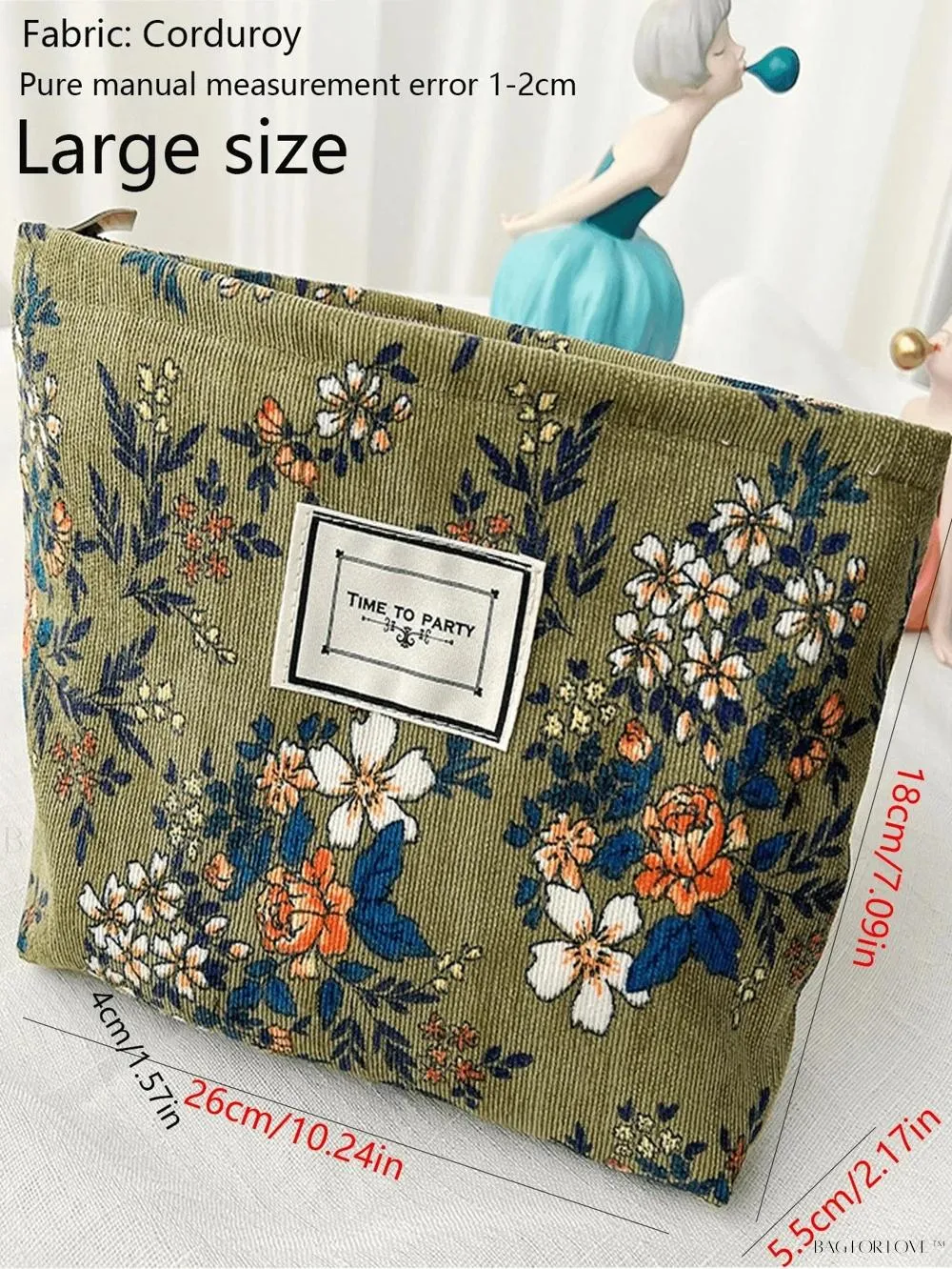 BagForLove - Retro Inspired Makeup Pouch in Army Green with Floral Accents