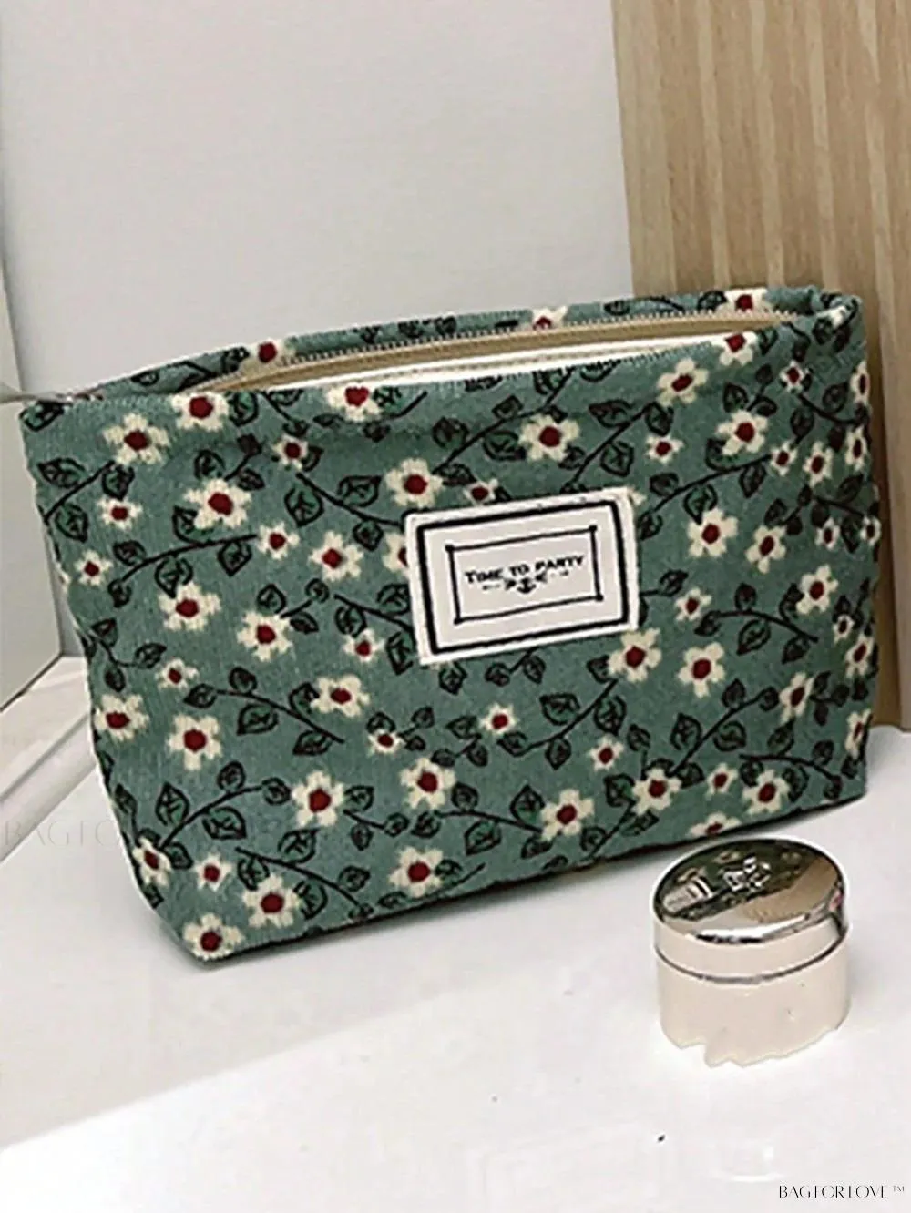 BagForLove - Retro Inspired Makeup Pouch in Army Green with Floral Accents