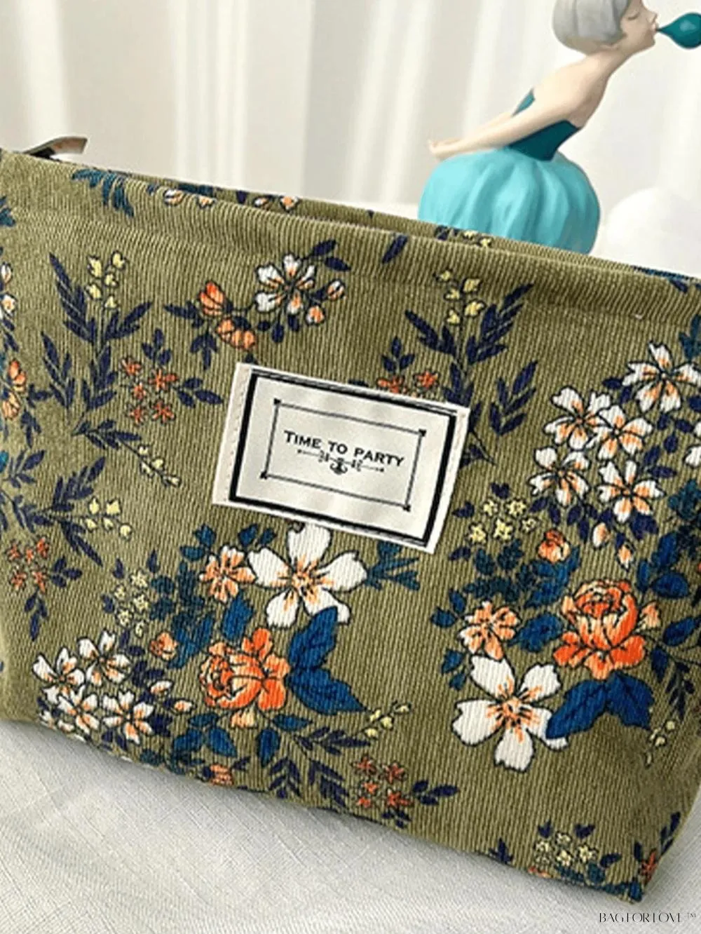 BagForLove - Retro Inspired Makeup Pouch in Army Green with Floral Accents
