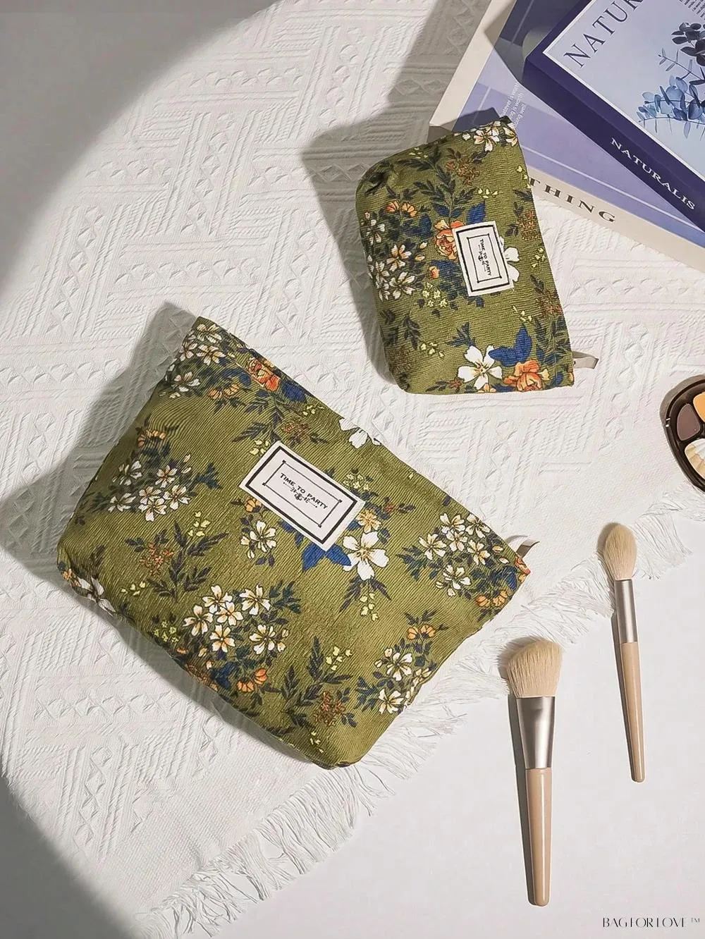 BagForLove - Retro Inspired Makeup Pouch in Army Green with Floral Accents