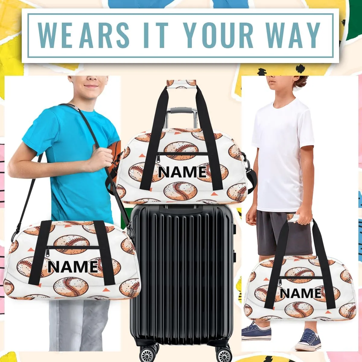 Baseball Custom Small Gym Bag 18 inch for Women Men Personalized Baseball Print Carry On Overnight Weekender Bag for Travel Work Dance Sport