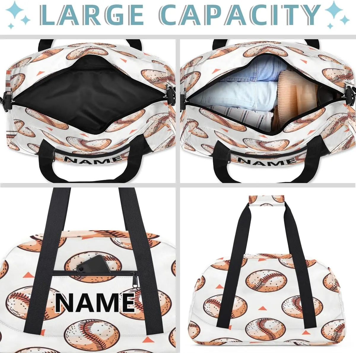 Baseball Custom Small Gym Bag 18 inch for Women Men Personalized Baseball Print Carry On Overnight Weekender Bag for Travel Work Dance Sport