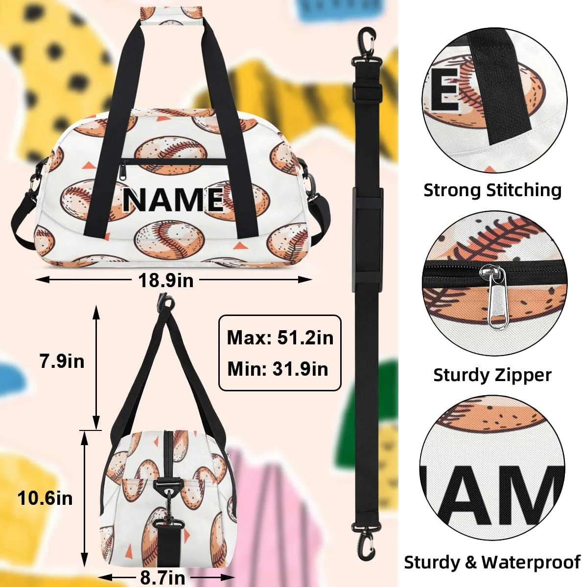 Baseball Custom Small Gym Bag 18 inch for Women Men Personalized Baseball Print Carry On Overnight Weekender Bag for Travel Work Dance Sport