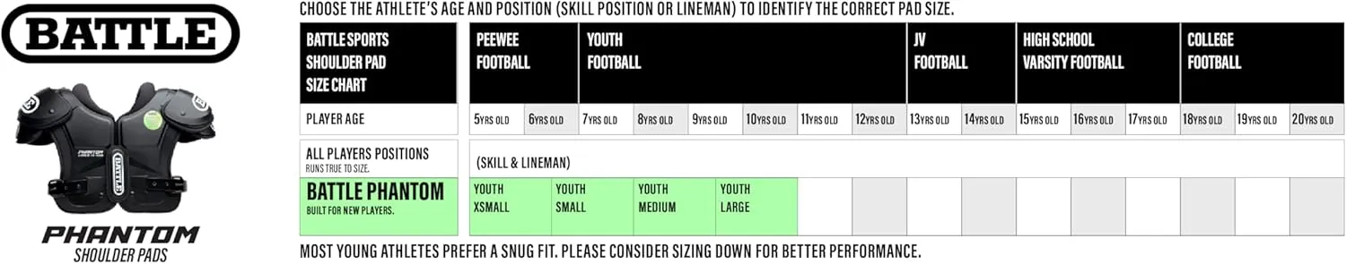 Battle Sports Phantom Football Shoulder Pads, Youth Size, Lightweight Design with Impact Protection