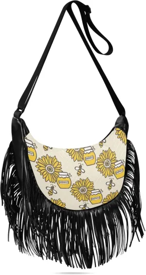 Bee Honey Jar Sunflower Fringe Bag for Women Cross Body Bag Tassel Shoulder Bag Satchel