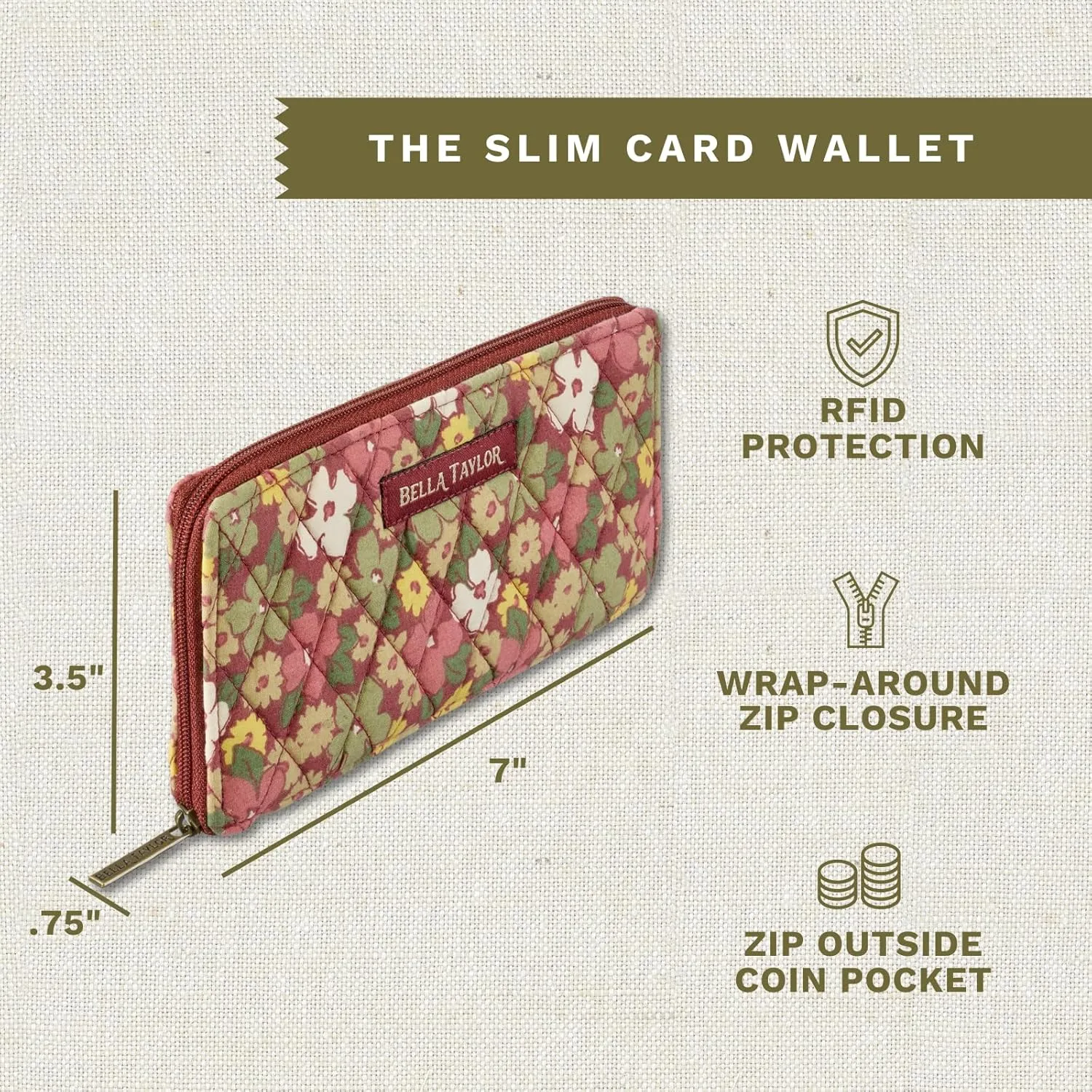 Bella Taylor Slim Card Wallet for Women | Quilted Cotton Fabric Zip Around Credit Card Wallet with RFID Protection | Autumn Garden
