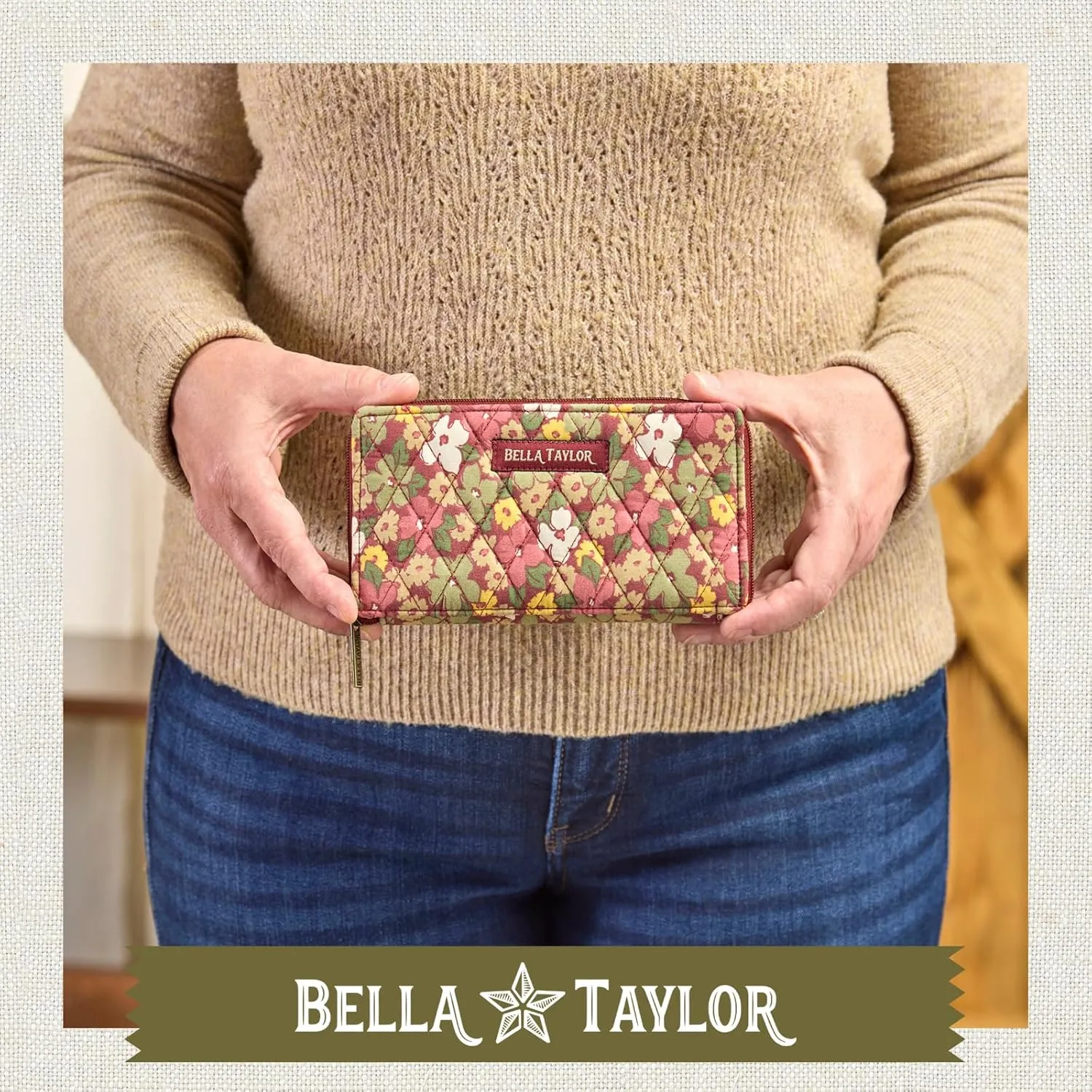 Bella Taylor Slim Card Wallet for Women | Quilted Cotton Fabric Zip Around Credit Card Wallet with RFID Protection | Autumn Garden