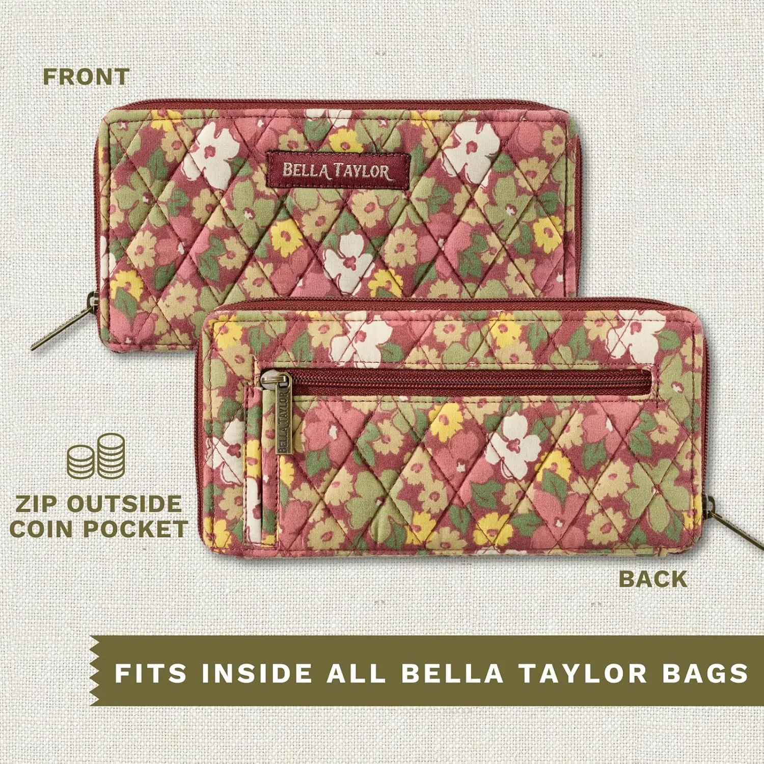 Bella Taylor Slim Card Wallet for Women | Quilted Cotton Fabric Zip Around Credit Card Wallet with RFID Protection | Autumn Garden