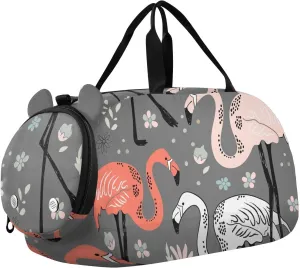 Birds Flamingo Pattern with Flowers Gym Travel Duffel Bag with Shoe Compartment for Boys Girls - Gymnastics Sports Dance Football Travel Bag Teens Weekender Sleepover