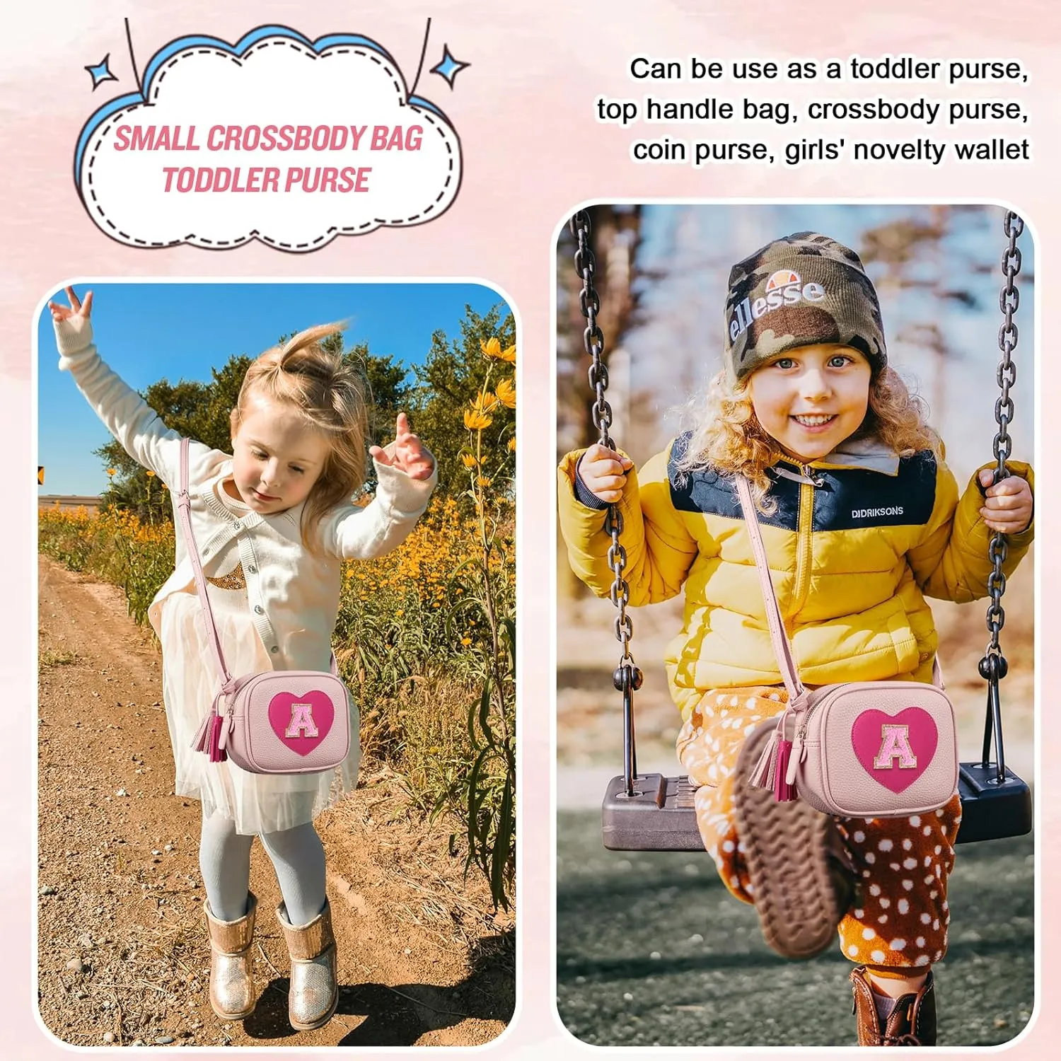 Birthday Gifts for 2 3 4 5 6 7 8 9 10 Year Old Girls, Little Girl Purse Toddler Kids Heart Purse Small Crossbody Bag with Tassel, Cute Personalized Initial Purse Gifts for Teens Daughter Sister(A)