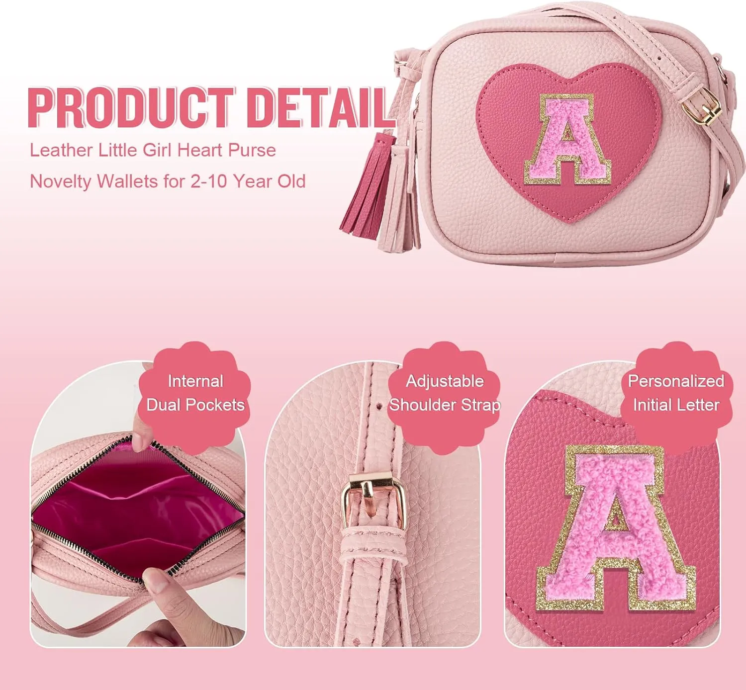 Birthday Gifts for 2 3 4 5 6 7 8 9 10 Year Old Girls, Little Girl Purse Toddler Kids Heart Purse Small Crossbody Bag with Tassel, Cute Personalized Initial Purse Gifts for Teens Daughter Sister(A)